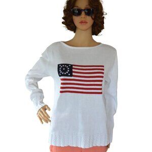 Vintage 90s Liz Claiborne Liz Sport Flag Sweater Women Size M White Cotton Knit